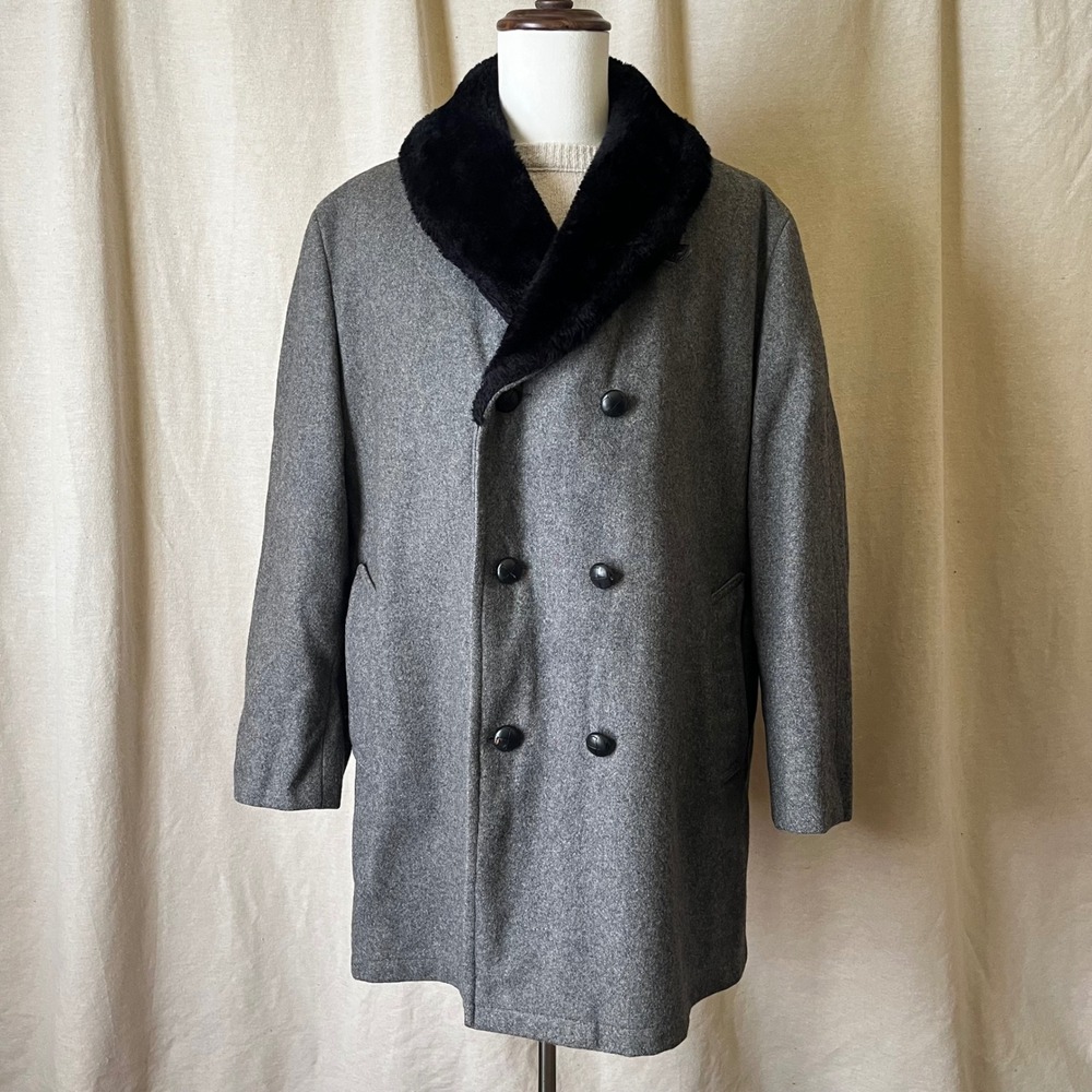 Vintage Mighty Mac Gray Wool Coat L/XL Faux Fur Collar USA